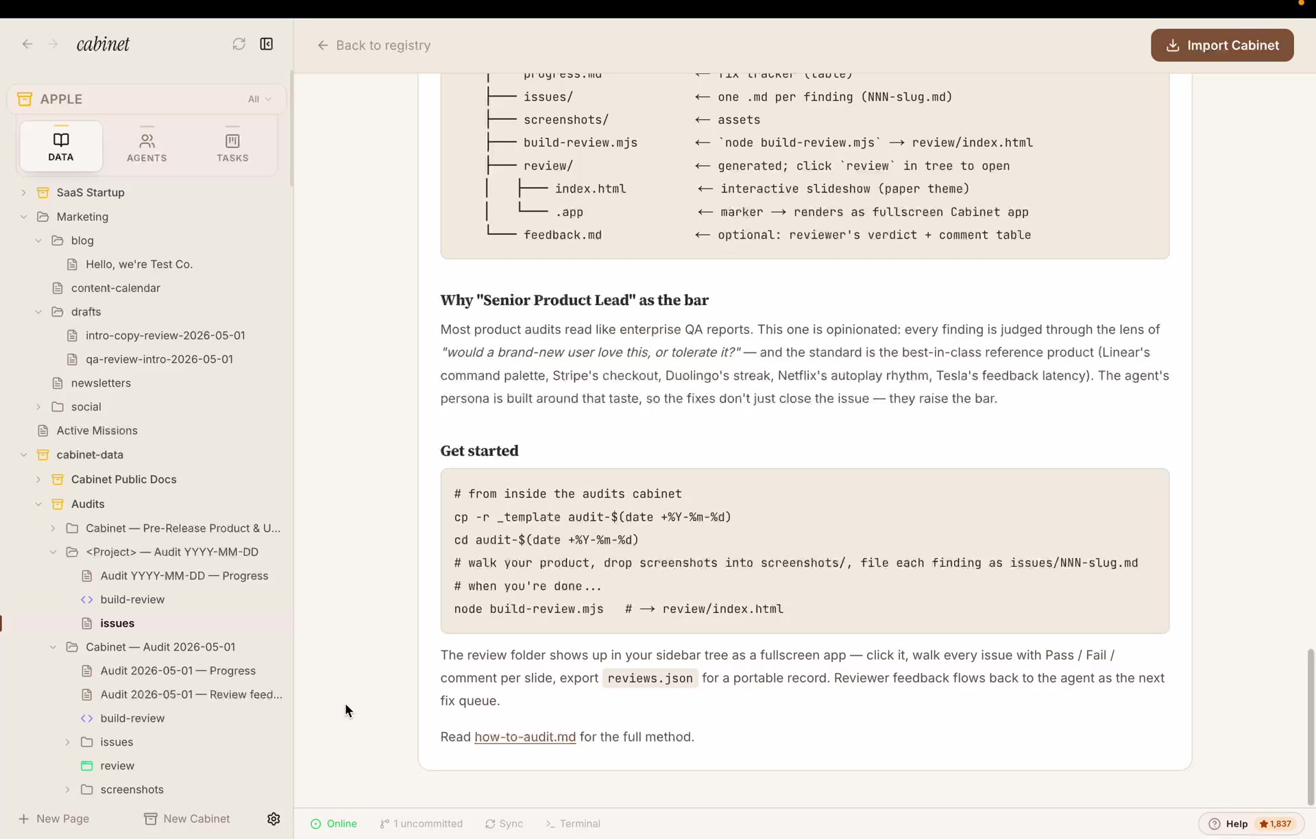 The Audits cabinet registry page showing the folder structure and get-started commands